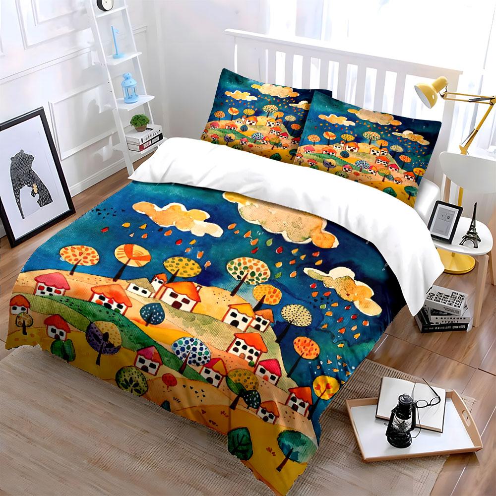 Colorful trees, houses, clouds. Bedding sets Duvet cover sets Duvet covers Pillowcases(1 * Duvet Cover 2 * Pillowcases without duvet insert)