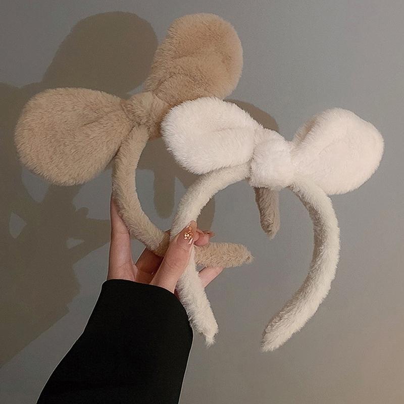 Плюшевая повязка на голову с кроличьими ушками для женщин, однотонная плюшевая повязка на голову, обруч для волос для девочек