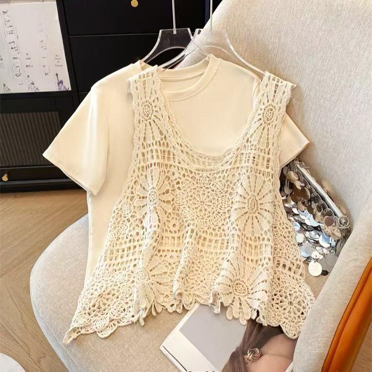Dimanaf 2025 Новые футболки без рукавов, летние женские пляжные футболки, базовые модные топы, кружевные футболки, повседневные свободные белые