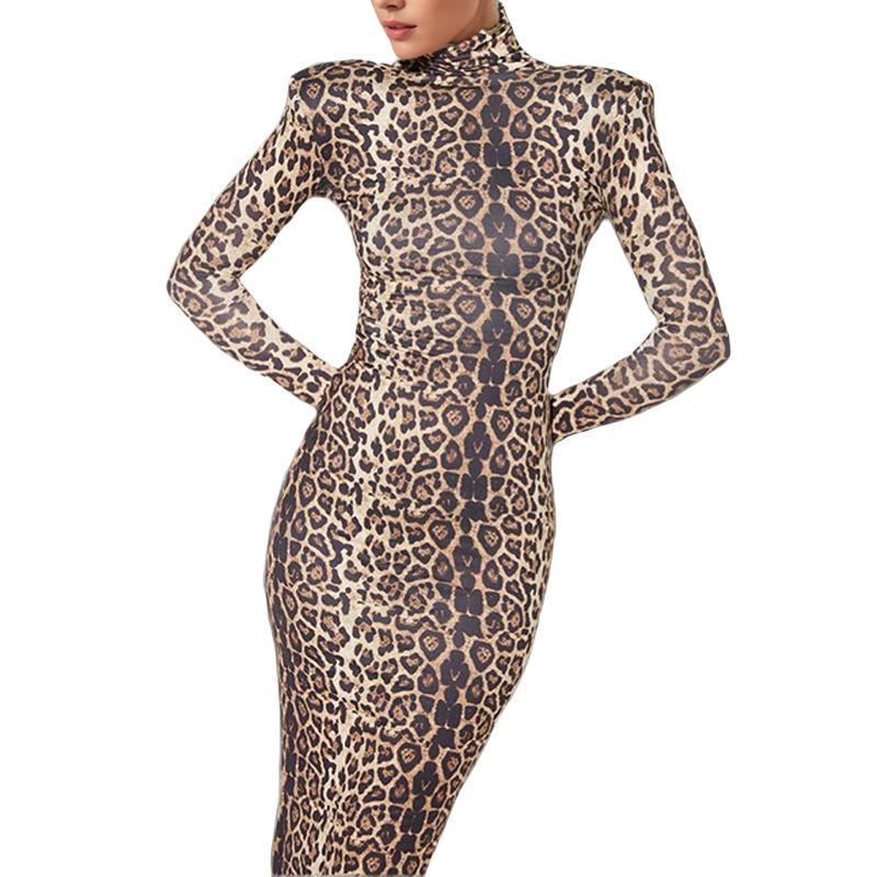 2025 весна новая красивая женская мода мода леопардовый принт темперамент воротник стойка тонкое платье
