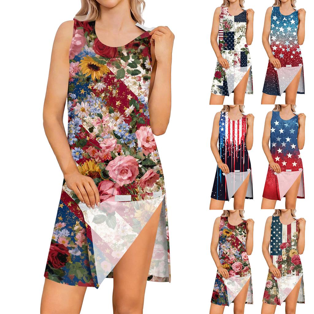 Sleeveless Loose Fit Star Print Dress Women’s Casual Tank Style Summer Dress with Side Slit and Gradient Pattern Design