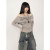American Vintage Print Tops Women Solid Y2k Off Shoulder Long Sleeve T-shirt Female Pinched Waist Slimming Fake Two Tops