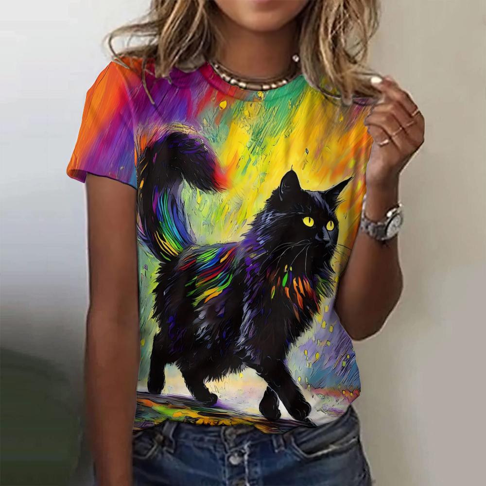 Летняя женская футболка с коротким рукавом и круглым вырезом, с принтом в виде черной кошки, футболка, пуловер, топ, модная уличная женская одежда
