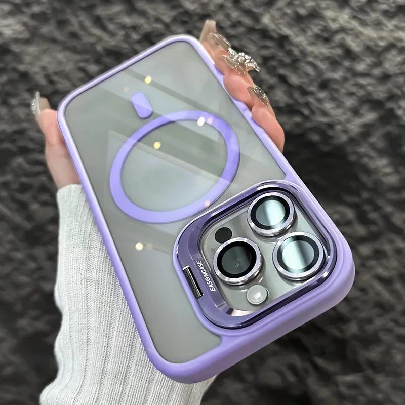 Роскошный магнитный противоударный чехол для iPhone 16 15 14 Plus 13 12 11 Pro Max Для Magsafe Funda Подставка Защита стеклянной линзы Задняя крышка
