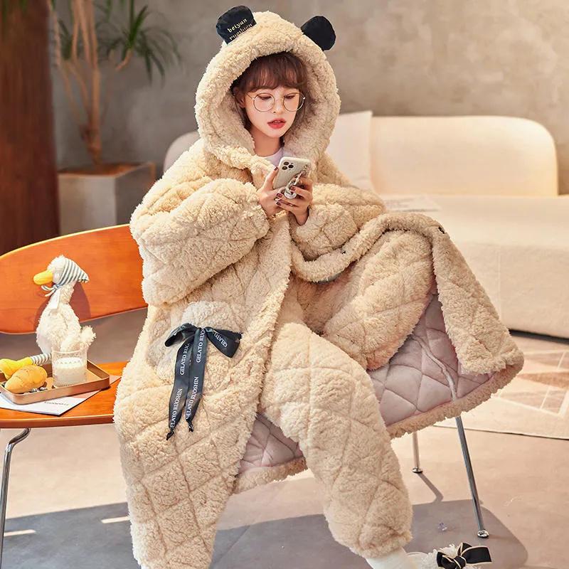 Зимняя трехслойная хлопковая пижама для женщин, коралловый бархат, теплая фланелевая пижама, домашний комплект, можно носить на улице
