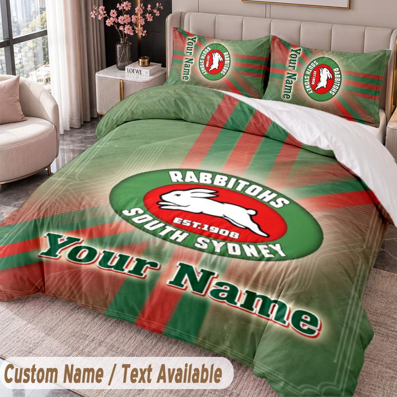 South Sydney Rabbitohs Printed Bedding Set Custom Name Text 1 Duvet Cover 2 Pillowcases For Bedroom