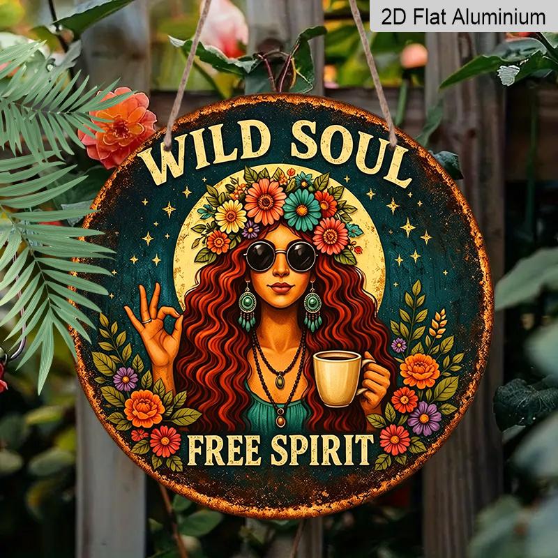2D Flat, 1pc Round Aluminum "Wild Soul Free Spirit" Boho Woman Metal Sign, Retro Distressed Hippie Floral Print, Waterproof Rust-Proof Wall Plaque