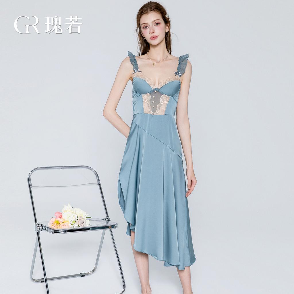 Women's Solid Silky Padded Push Up Cami Sleep Dress for Spring Summer