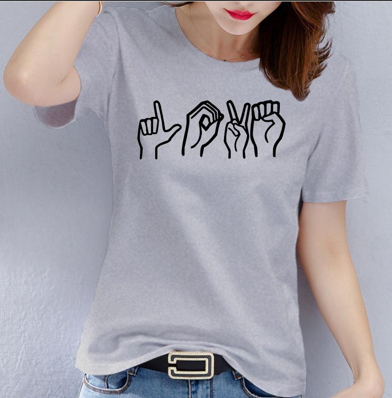 Polyester 100% Europe and United States Large Size LOVE Sign Language Pattern Printed Valentine's Day Short-sleeved T-shirt Blouse