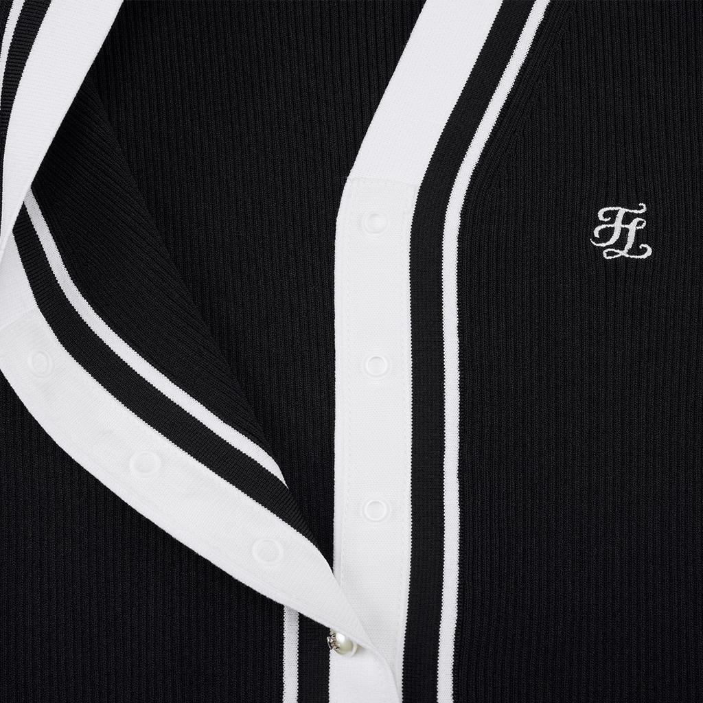 Fairliar Golf Ribbed Contrast V-Neck Cardigan (Black)