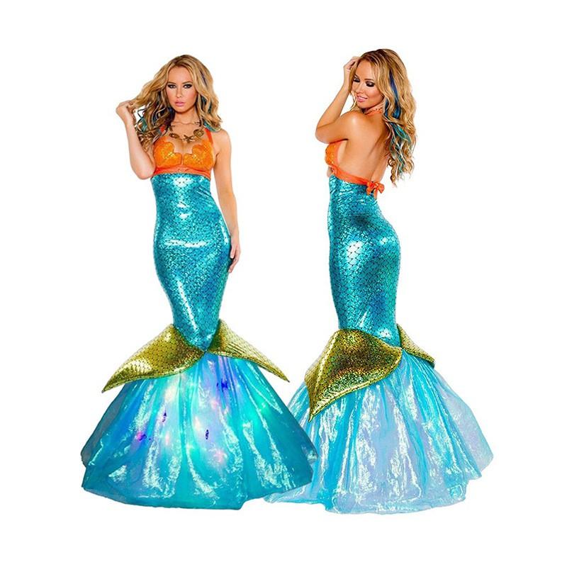 Halloween Party Dress Womens Strapless Long Gown Fantasy Costume Mermaid Stage Performance Outfit