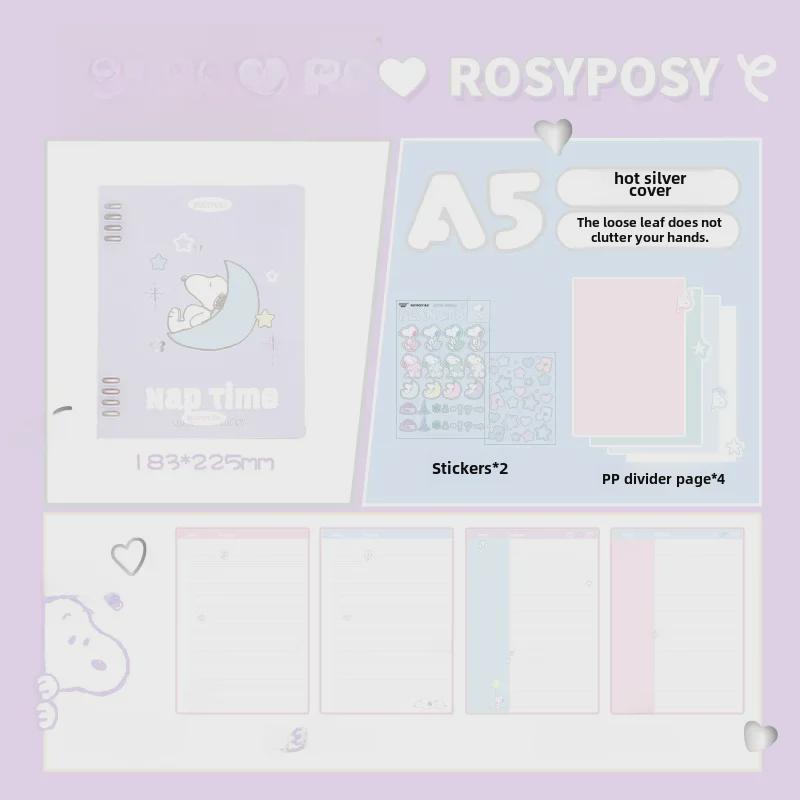 Блокнот в мягкой обложке RosyPosy Snoopy: Кремовый блокнот с цветными страницами, наклейками и горизонтальными линиями.