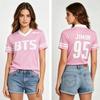 Спортивная сетчатая майка Черно-белая полоска Буквы BTS V-образный вырез Оверсайз Дышащая Фан-мерч для концерта Топ с коротким рукавом