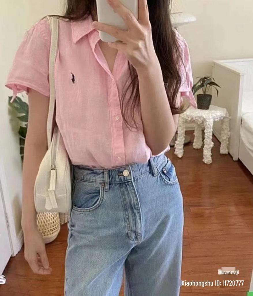 2025 Summer Ralph RL Little Pony Embroidered Pure Linen Goddess Short-Sleeved Shirt