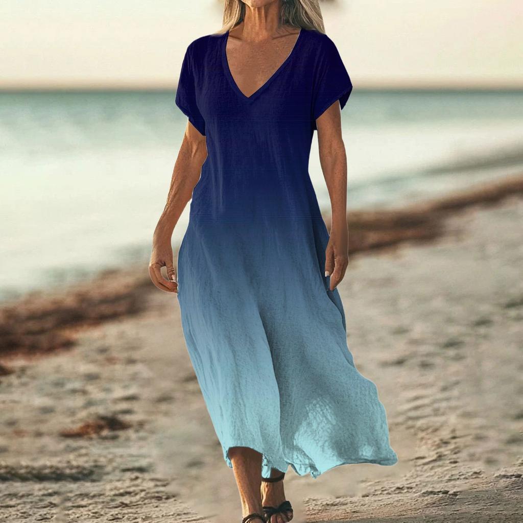 Women's Summer V-Neck Short Sleeve Cotton Linen Gradient Printed Loose Beach Dresses