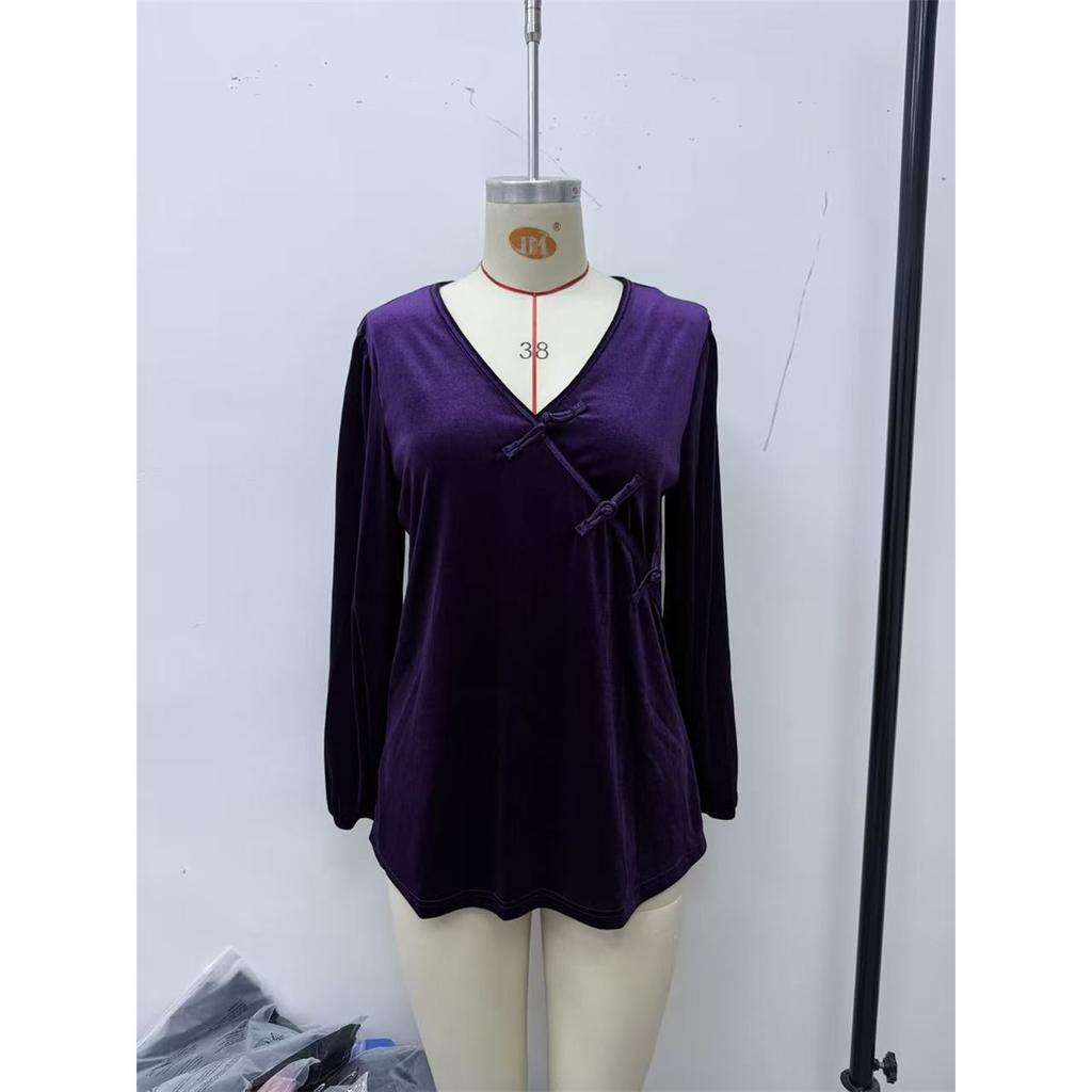 Women Velvet V‑Neck Blouse Chinese Frog Buttons Puff Long Sleeve Loose Casual Ethnic Style Pullover Shirt Top