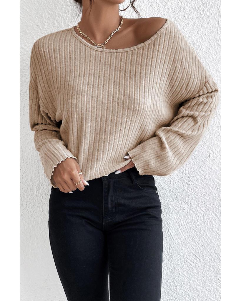 Azura Exchange Бежевый свободный ребристый трикотажный топ со спущенными плечами