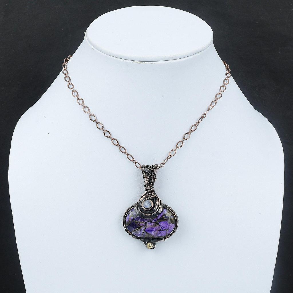 Медный кулон с чароитом, медная проволока, обернутая кулоном, драгоценный камень, подвеска ручной работы, кулон с радужным лунным камнем, медные украшения, подарок для нее