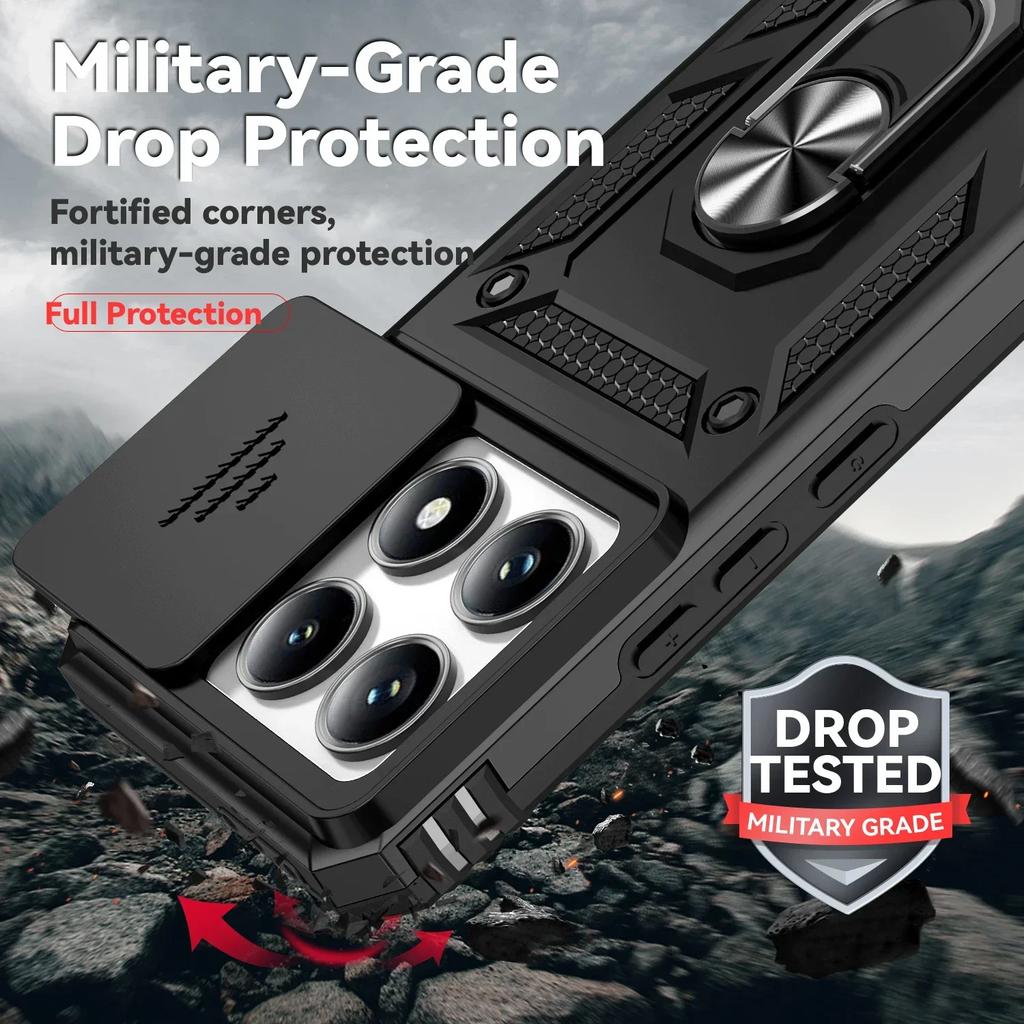 For Xiaomi Redmi Note 14 Pro 4G 5G Case Car Magnetic Ring Stand Slide Camera Lens Armor Shockproof Cover For Note 14 4G 5G Funda