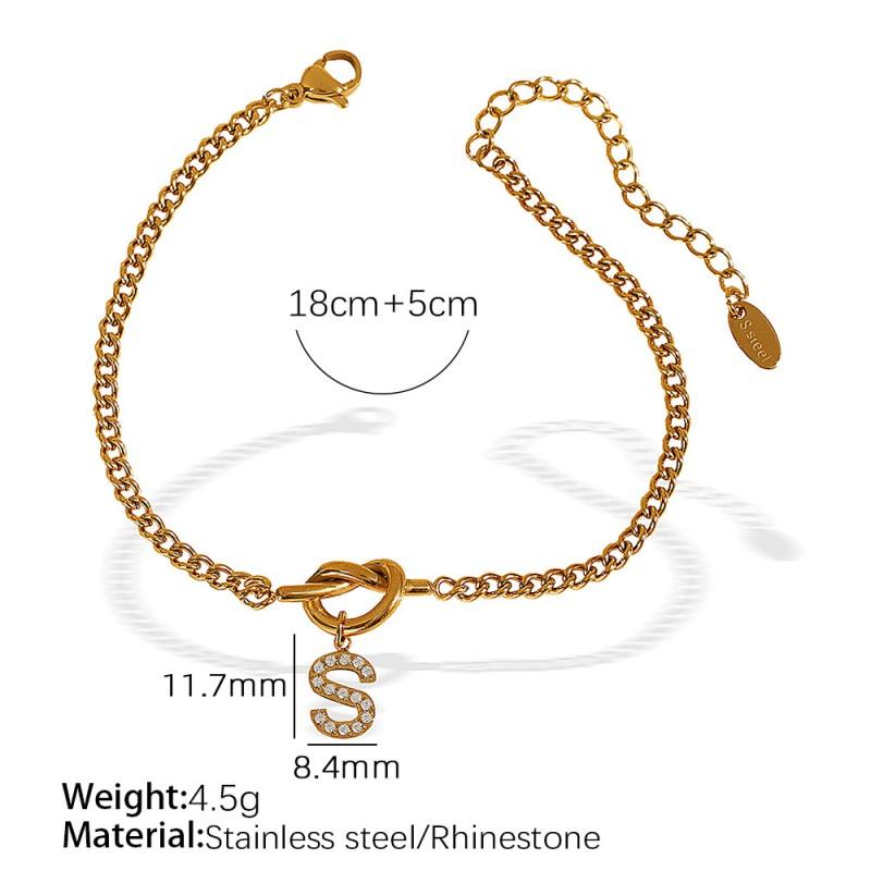 26 Alphabet Letter Bracelet With Rhinestone Accents Titanium Steel Chain Women Fashion OL Style Gold Tone
