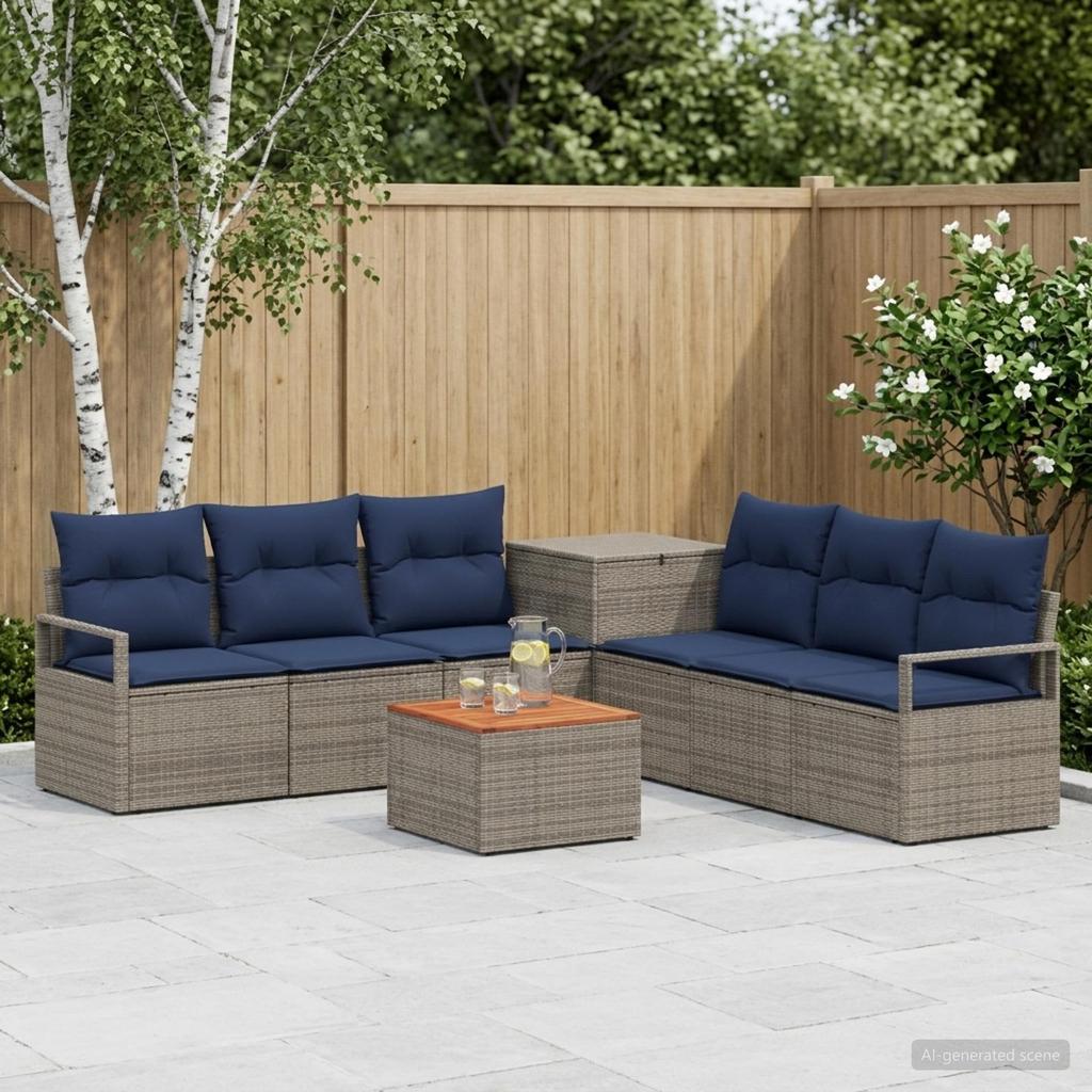 Sofa Set 8 Pieces Gray and Navy Blue Poly Rattan and Steel
