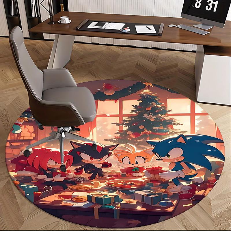 1pc Sonic the Hedgehog Christmas Round Carpet - Anime Cartoon Design, Holiday Gift, Non-Slip Rug for Office Chair Mat, Home Decor, Living Room, Bedroo