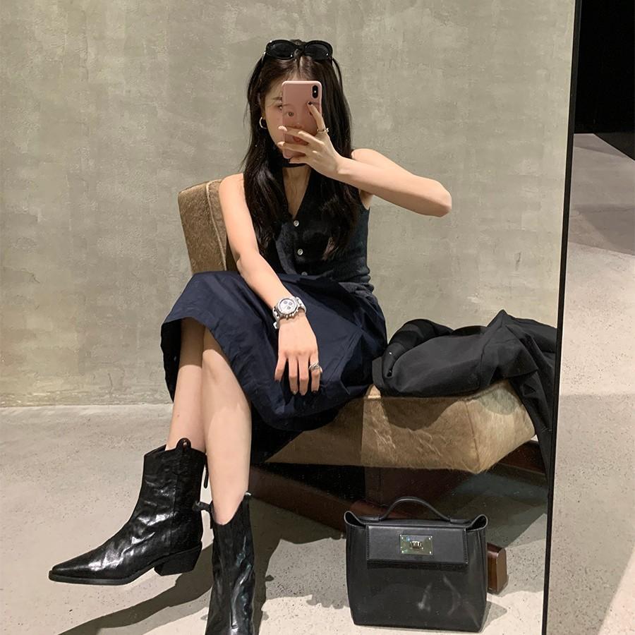 Версия из овчины~ женские ковбойские ботинки челси с острым V-образным вырезом, французские ретро плиссированные тонкие ботинки на толстом каблуке, кожаные короткие ботинки