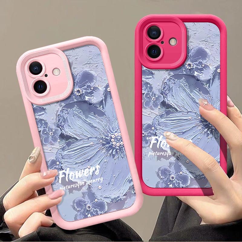Мягкий чехол для телефона из термополиуретана конфетного цвета для iPhone 16 Pro 15 14 Plus 13 12 11 Pro Max Xs Xr 8 7, противоударный, рельефный, с синим цветочным узором, защитная крышка для объектива