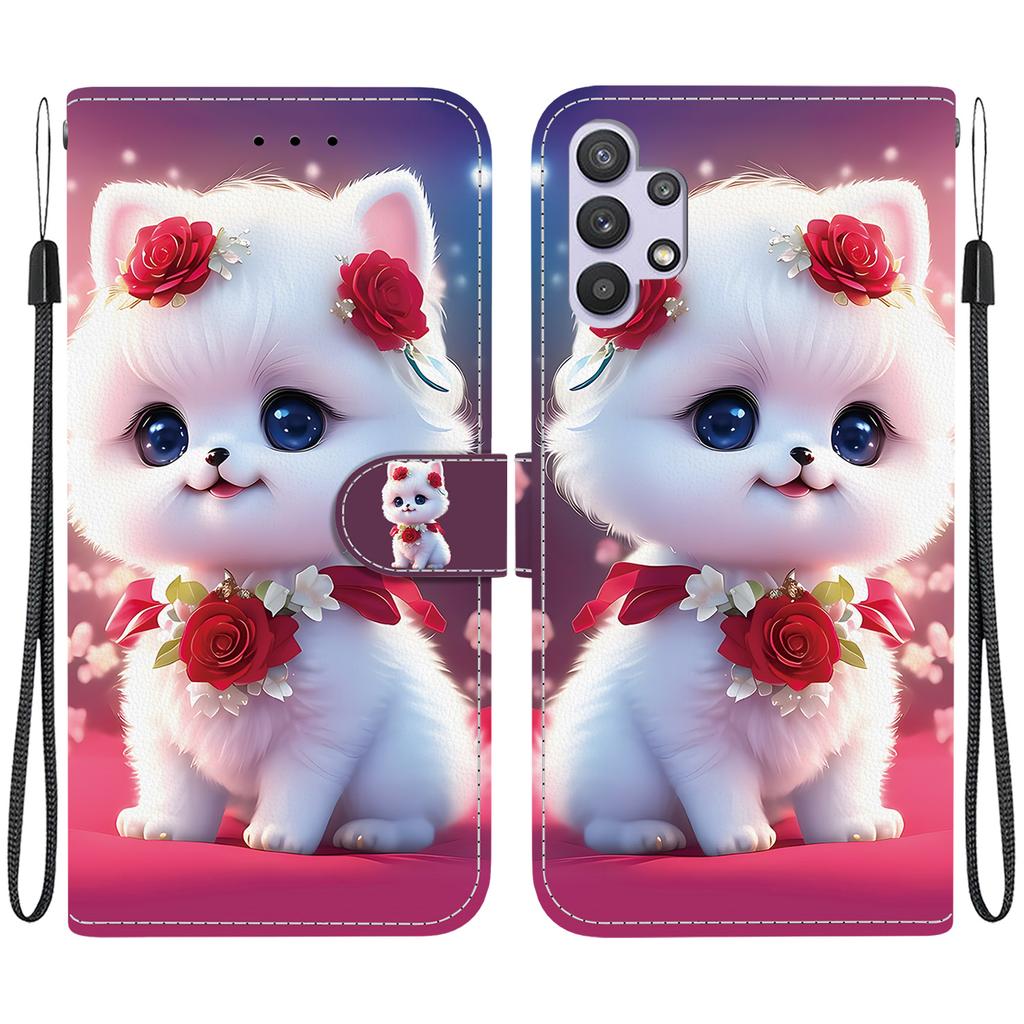 Чехол-книжка из искусственной кожи ручной работы для Samsung Galaxy A32 5G (SM-A326B/A326...) Противоскользящий ударопрочный чехол с ремешком на запястье и дизайнами в виде сердец/роз и кошек