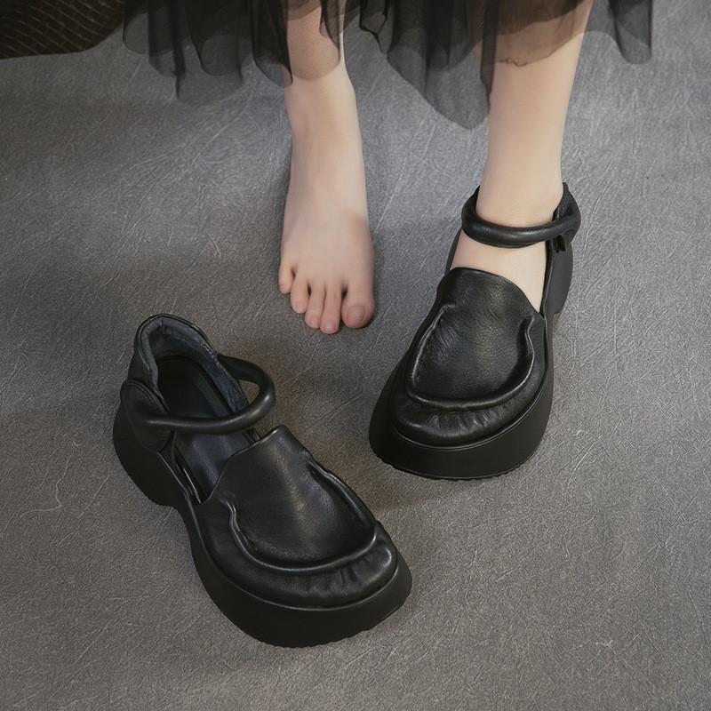 Johnature Сандалии из натуральной кожи на толстой подошве Ретро Круглый носок Толстый каблук Женская платформа