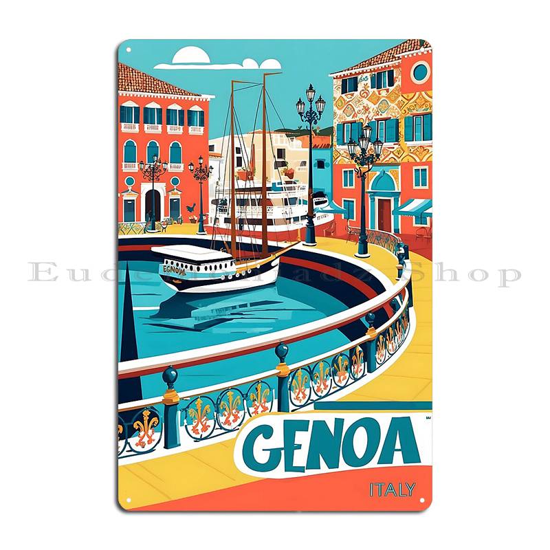 A Vintage Travel Art of Genoa Italy Vintage Travel Tourism Metal Plaque Cinema Classic Printed Bar Decoration Tin Sign Poster