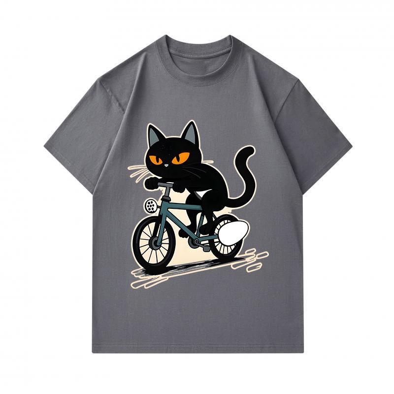 Men's 100% Cotton Crew Neck Short Sleeve T-Shirt, Funny Riding Bicycle Black Cat Graphic Casual Tee, Comfortable Breathable Summer Top for Daily Stree