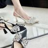 Туфли с бантом Женские сандалии Летние туфли на высоком каблуке для девочек На высоком каблуке Ретро-шпилька Стразы Новые Открытые Закрытые Остроконечные Бабочка-kno