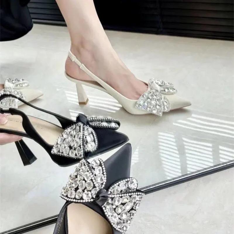 Туфли с бантом Женские сандалии Летние туфли на высоком каблуке для девочек На высоком каблуке Ретро-шпилька Стразы Новые Открытые Закрытые Остроконечные Бабочка-kno