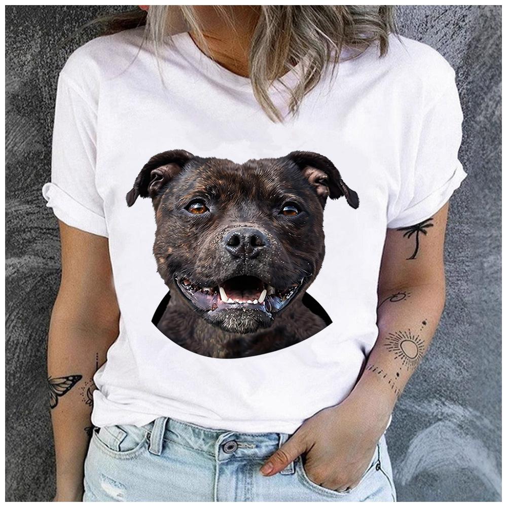 Polyester 100% Cute Brindle Staffordshire Bull Terrier Portrait T-shirt Women Staffy Dog Lover Casual Summer Short Sleeve Graphic T