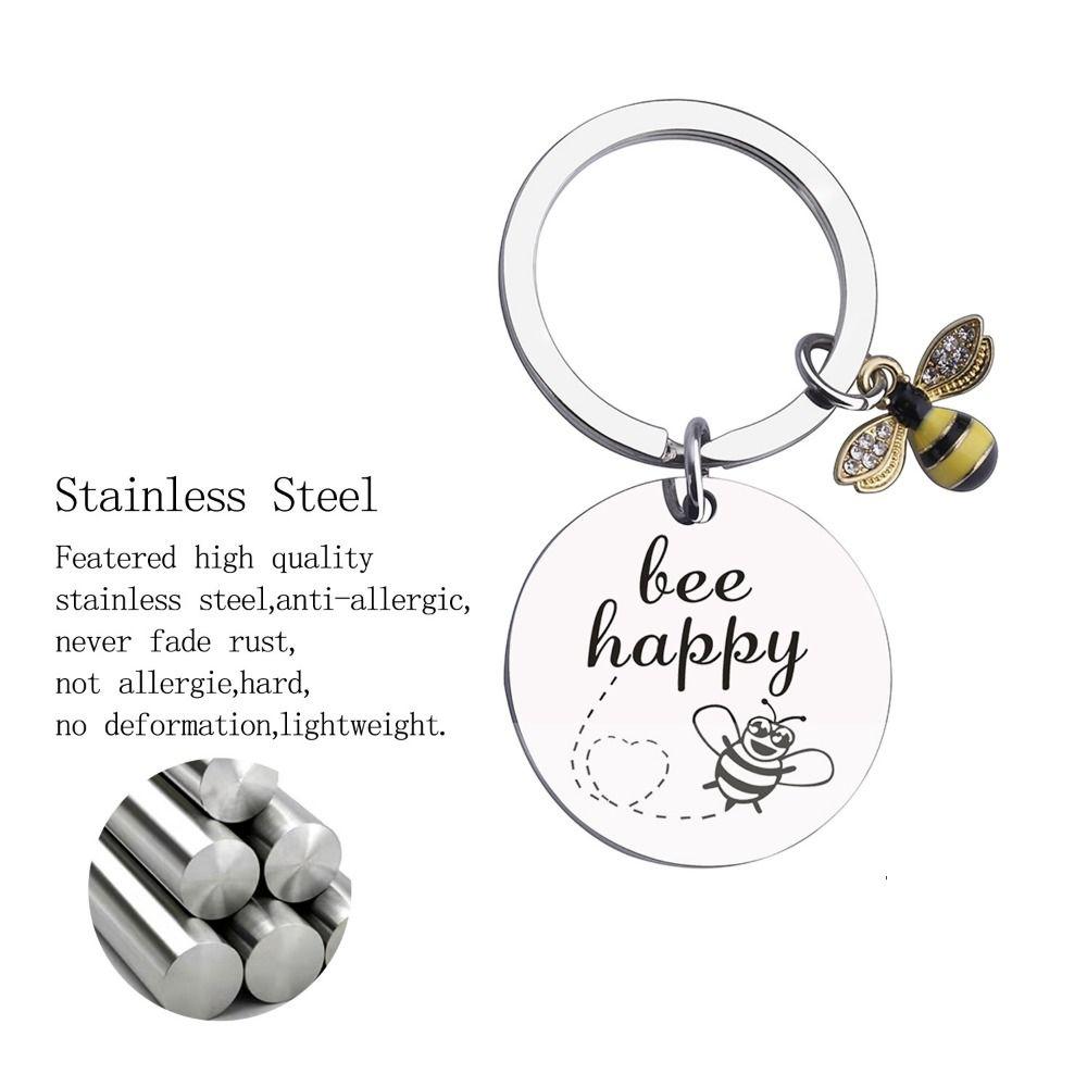 with Letters Stainless Steel Key Ring DIY Letters Round Pendants Bee Happy Key Chain Father