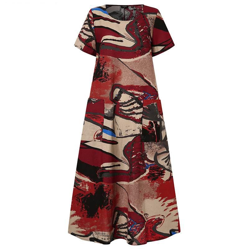 Spring Summer Women Style National Bohemian Dress Long Straight Oneck Loose Waist Print Pocket S5xl