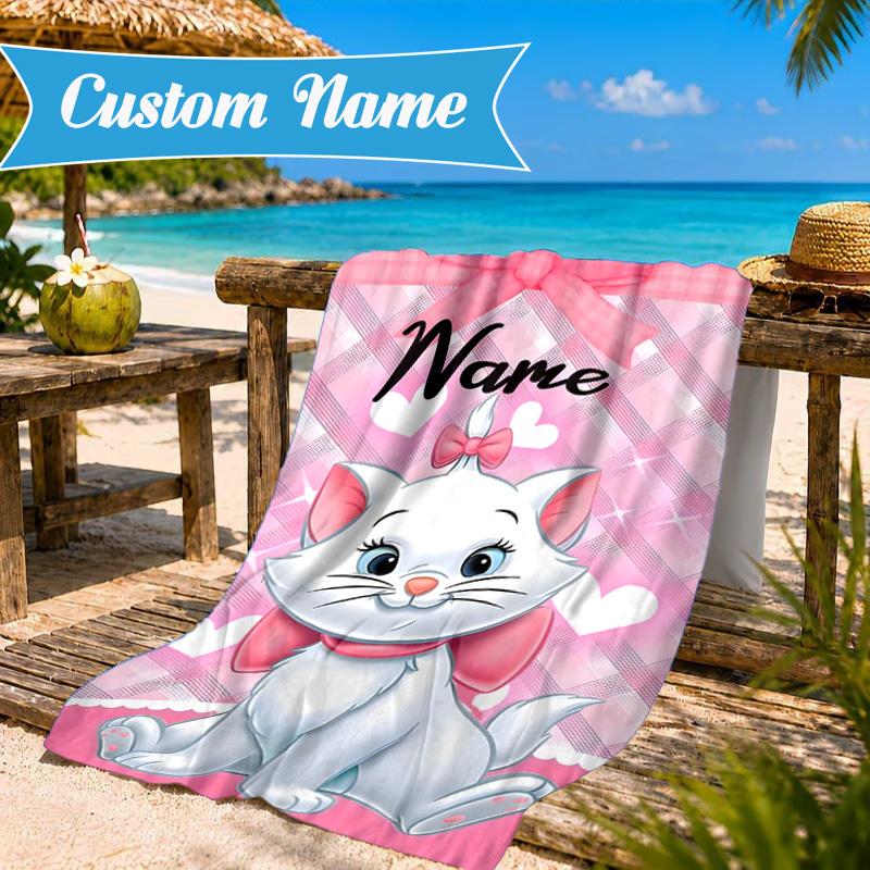 Custom Name Marie cat Microfiber Beach Towel, Quick-Dry, for Summer Travel, Beach Essential, Picnic Essentials, Swimming Pool