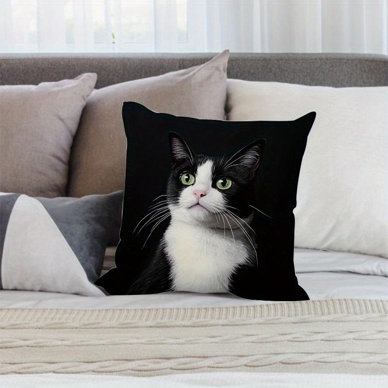 Realistic Black White Cat Pillow Cushion Cover pc HD Portrait with Green Eyes Modern Decor for Sofa or Bedroom