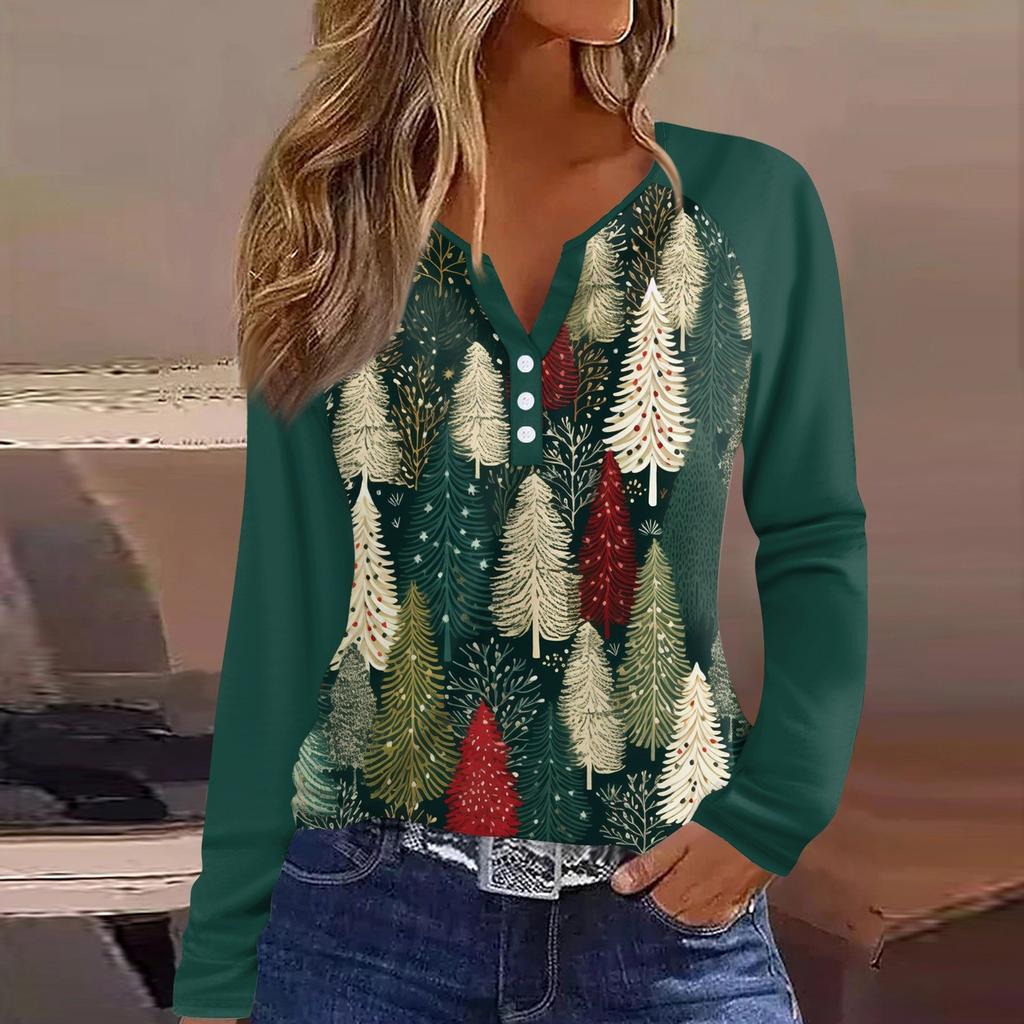 Женская мода повседневная рождественская печать V-образный вырез рукава реглан с декоративными пуговицами длинный рукав футболка топ