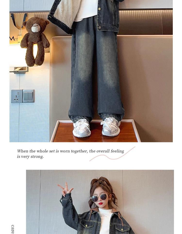 2025 Girls' Fleece-Lined Denim Two-Piece Set - Trendy Autumn/Winter Fashion for Middle and Big Kids