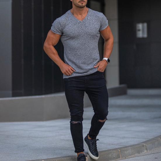 Мужская футболка с коротким рукавом и V-образным вырезом, облегающая спортивная полосатая однотонная футболка, дышащая спортивная одежда для спорта, путешествий, офиса