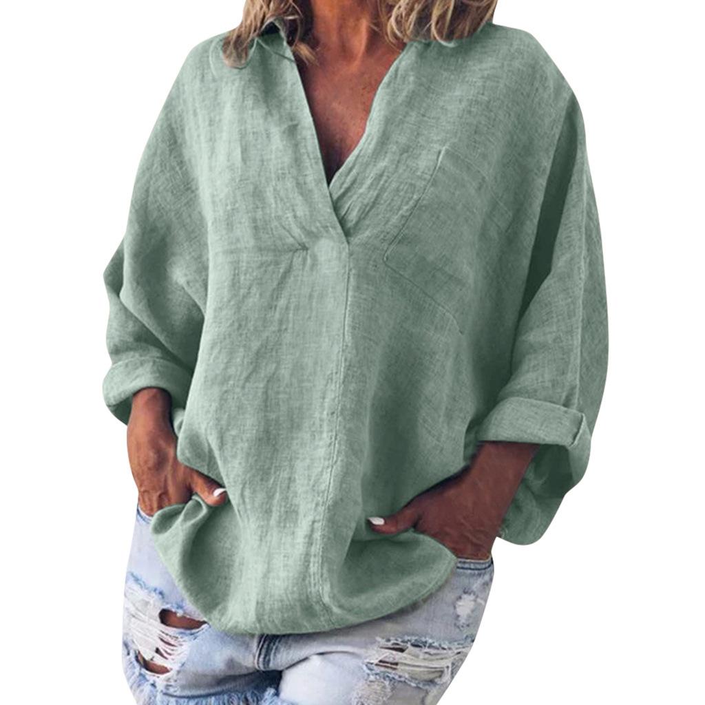 New women's clothing hot sale women's large size solid color imitation cotton and linen V-neck long-sleeved pullover top