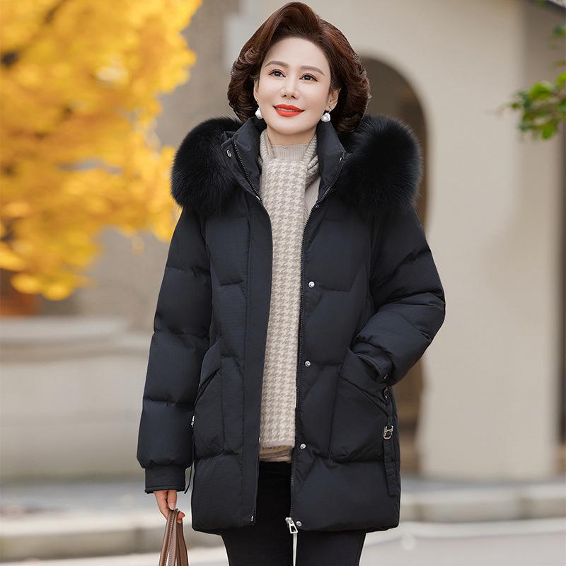 Аутентичный женский зимний пуховик средней длины с воротником из натурального меха для женщин среднего и пожилого возраста