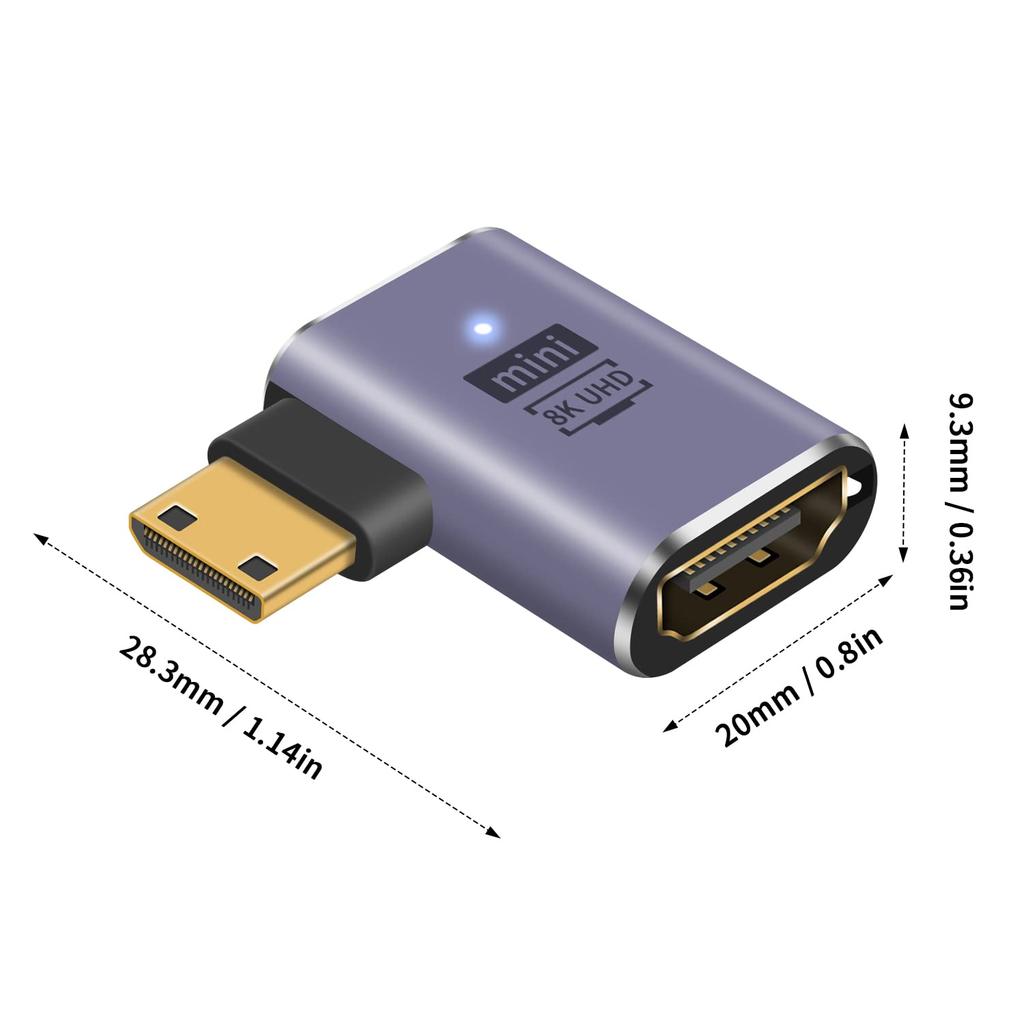 Адаптер-преобразователь Poyiccot Mini HDMI в HDMI, 90-градусный, совместимый со стандартами 8K, левый/правый L-образный адаптер Mini-HDMI, HDMI2.1 3D,