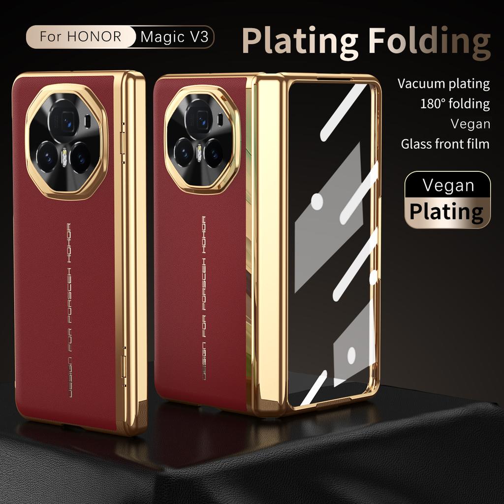 Luxury Leather Plated Frame Hinged Tempered Glass Protective Film Case for Honor Magic V6 V 5 Magic V3 All-inclusive Cover