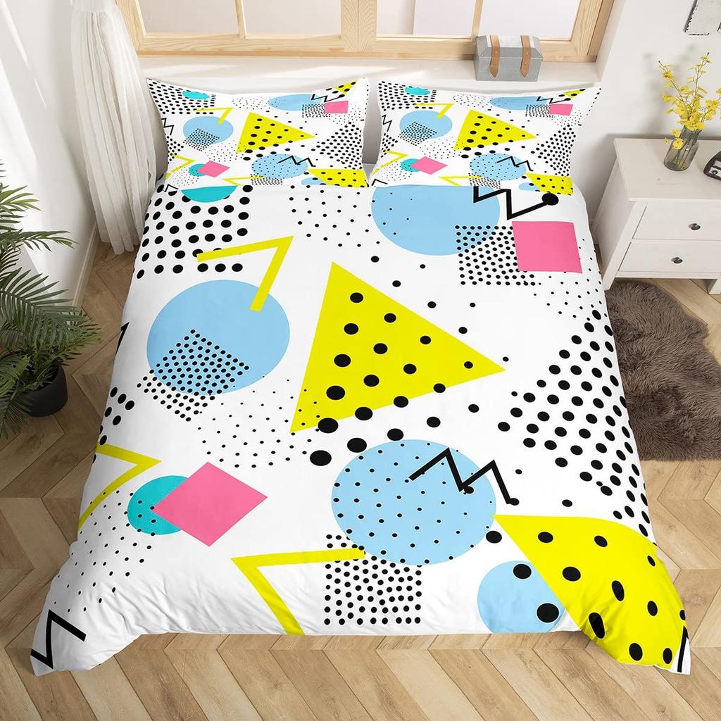 Blue Pink Memphis Bedding Set Colorful Abstract Duvet Cover Hippie Hip Hop Comforter Cover Geometric Vintage Fashion Quilt Cover