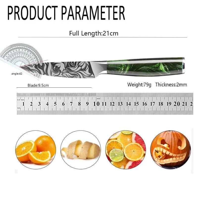 Нож для фруктов из нержавеющей стали, зеленая смола, нежный дамасский узор, нож шеф-повара, универсальный японский нож для хлеба, кухонный нож