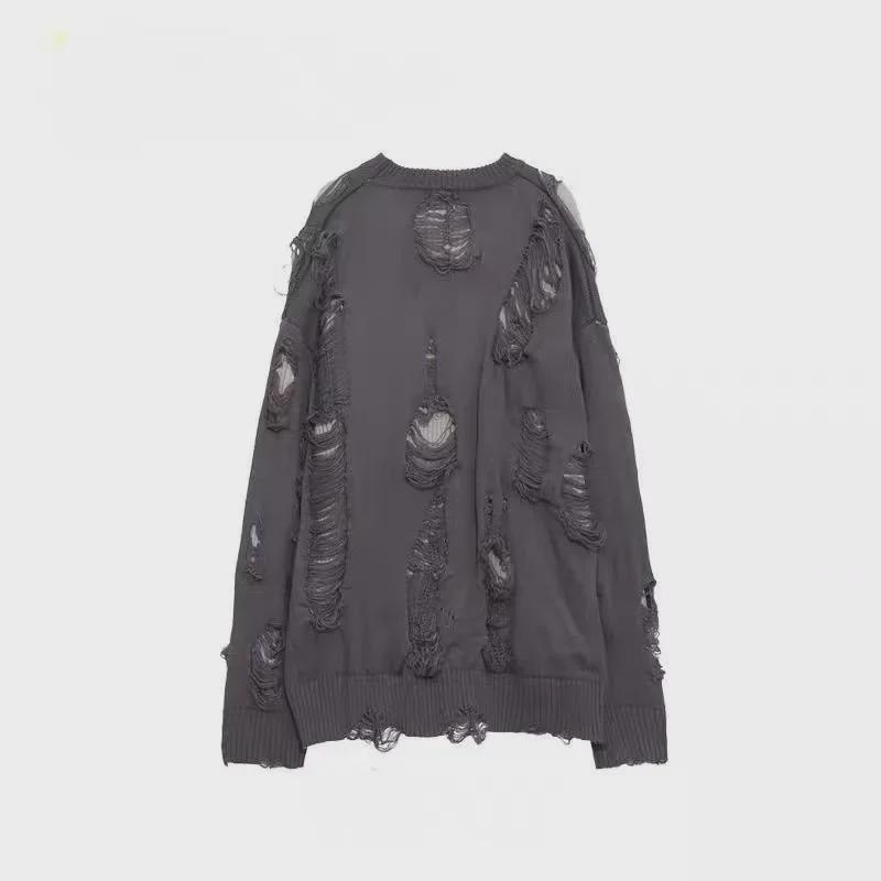 Мужской свитер свободного кроя из двух частей с рваными краями в американском стиле 2024 года, трикотаж, длинный рукав, для весны/осени.