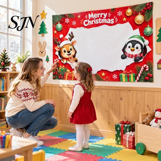 Portable Christmas Background Banner Cartoon Photo Booth Frame Banner, Xmas Selfie with Elk Festive Seasonal Event Penguin Bear, Holiday Party